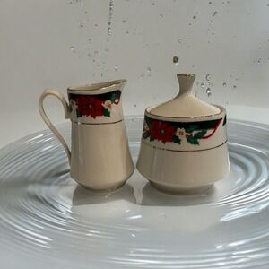 Tienshan Fairfield Poinsettia Deck the Halls Creamer & Sugar Bowl Set‎